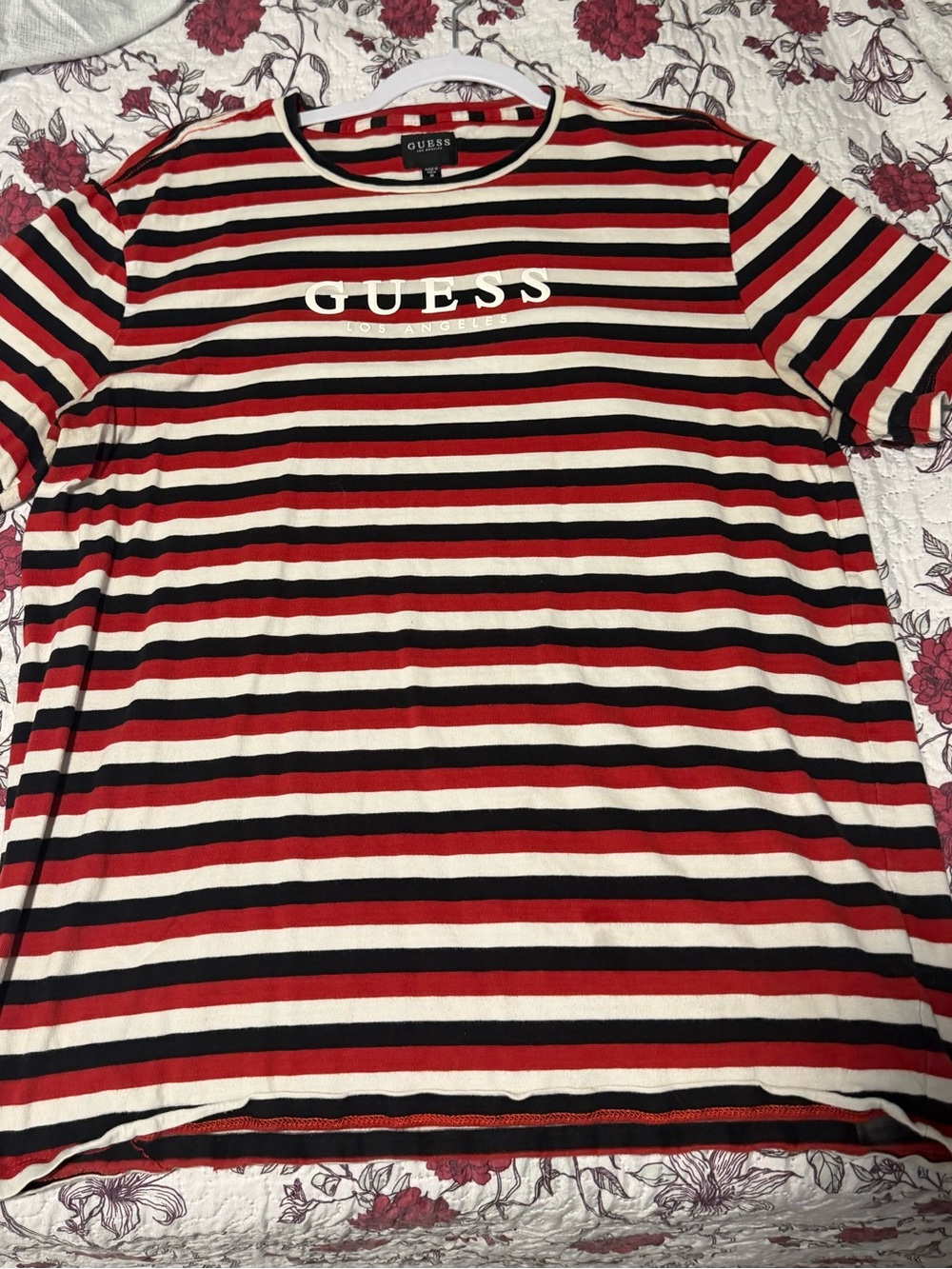 GUESS Red, Black & White Striped Logo Tee